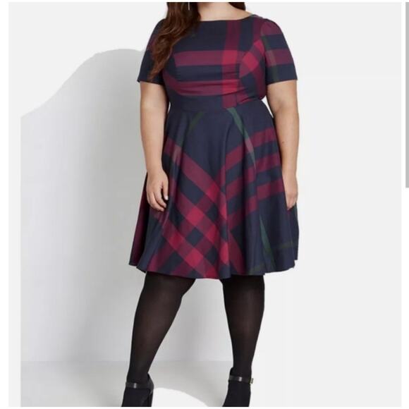 ModCloth Dress Plus Size 18 Navy Blue Burgundy Plaid Short Sleeve LIned Preppy - Picture 1 of 14